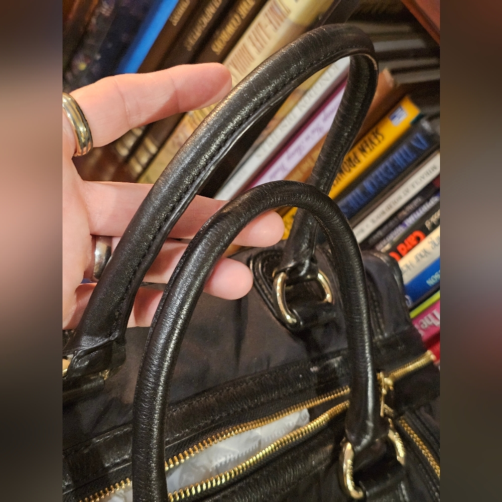 DKNY Black Nylon Leather Trim Satchel with Gold Accents - Picture 15 of 16